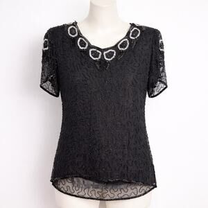 Vintage Sweelo Black Heavily Beaded Retro Glam Statement Luxury 100% Silk Top M